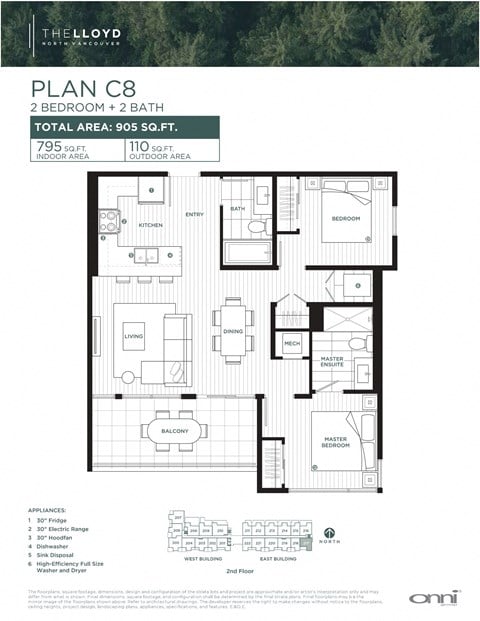 Floor plan for 2 beds, 2 baths, 796 sqft